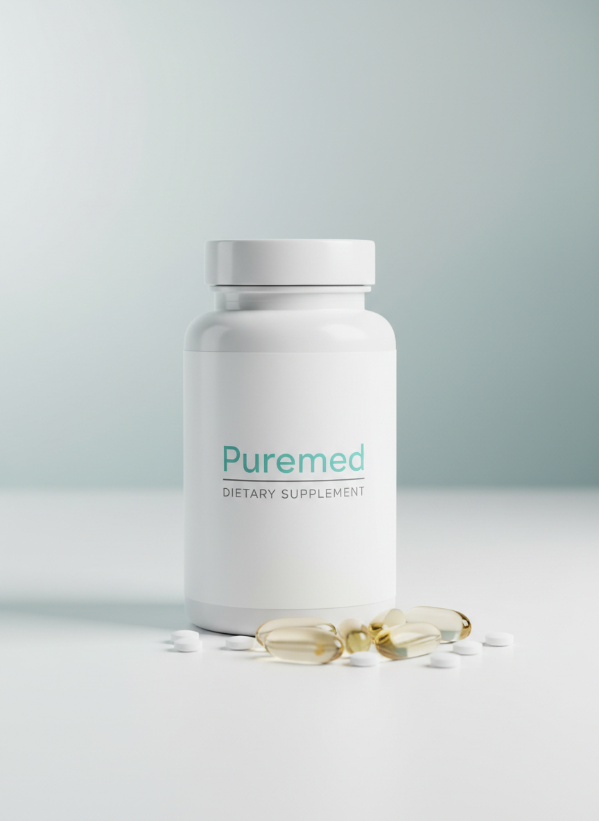 A clean, frosted-white medical supplement bottle with a minimalist “Puremed” label in soft teal and charcoal gray, standing upright on a seamless white surface. Around it are a few neatly arranged translucent gel capsules and small white tablets, each with crisp edges and subtle reflections. Soft studio lighting from the upper left creates gentle highlights on the bottle’s curved surface and faint, tidy shadows, emphasizing clinical precision. The background fades into a smooth, light gradient with a slight teal tint, evoking sterility and trust. Photographic realism, shot at eye level with a slight three-quarter angle, sharp focus on the bottle and a delicately blurred background, conveying a professional, modern, and scientifically reliable atmosphere.